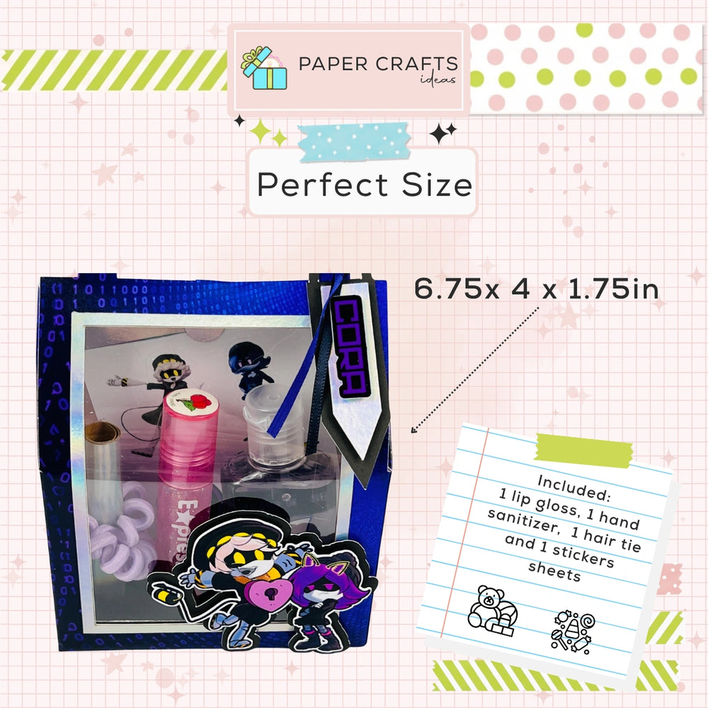 Product packaging with cartoon character, lip gloss, hand sanitizer, hair tie, and stickers on a checkered background.