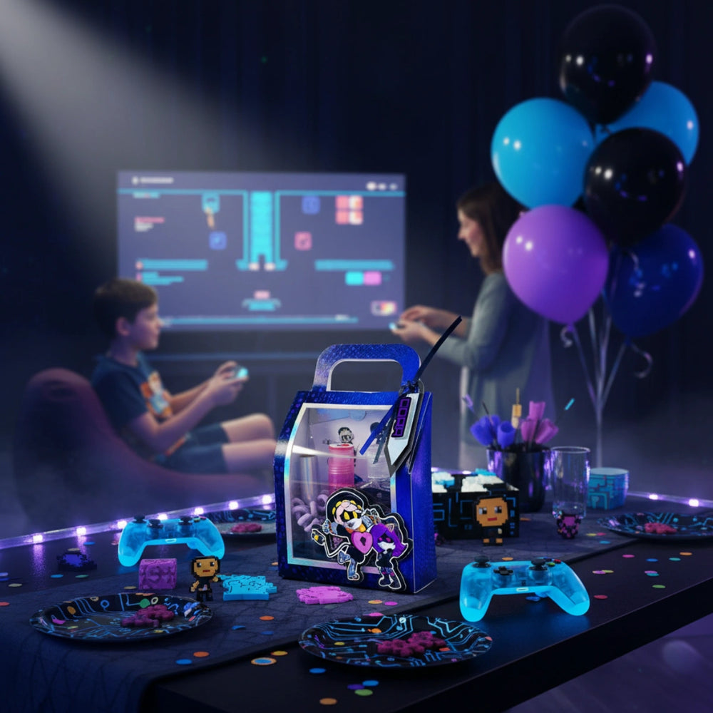 Children playing video games with a gaming console and controllers on a table, surrounded by balloons and a screen displaying game graphics.