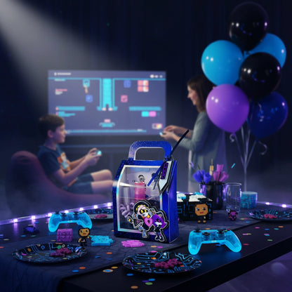Children playing video games with a gaming console and controllers on a table, surrounded by balloons and a screen displaying game graphics.