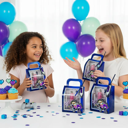 Two children with toy gift sets and balloons in a celebratory setting