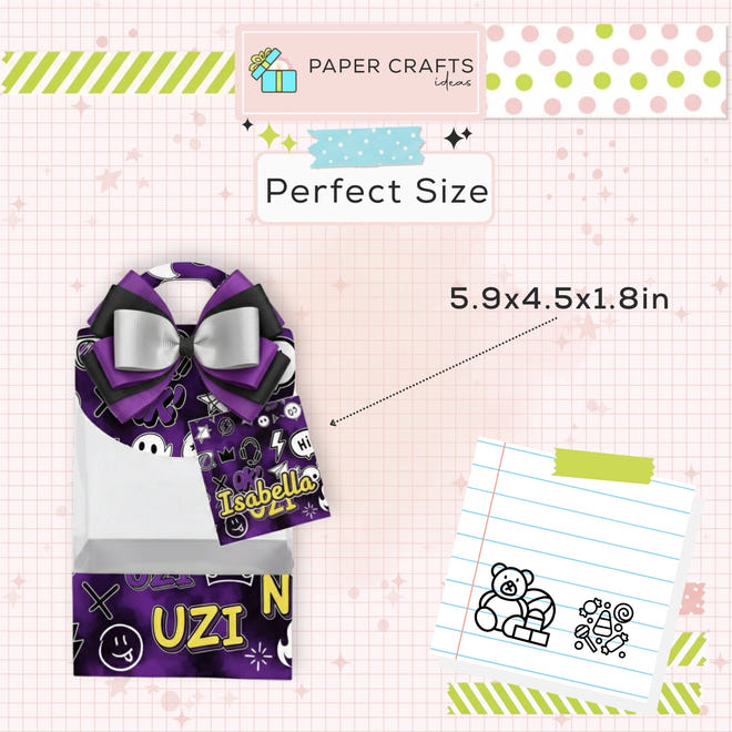 Purple paper craft box with decorative elements on a checkered background