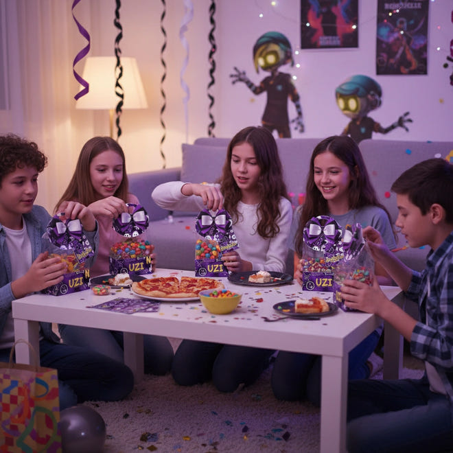 Children gathered around a table with pizzas and Uzi candy at a party.