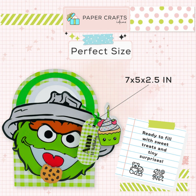 Oscar the Grouch Party Favor Box  with a hat and cookie on a checkered background with text about size and use.