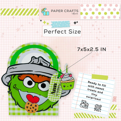 Oscar the Grouch Party Favor Box  with a hat and cookie on a checkered background with text about size and use.