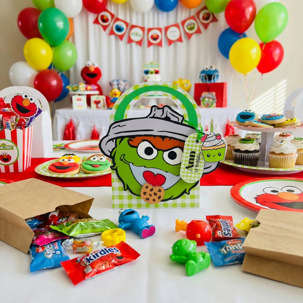 Sesame Street-themed birthday party setup with decorations, snacks, and character-themed items.