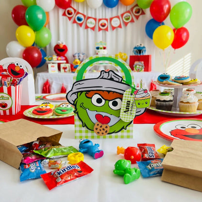 Sesame Street-themed birthday party setup with decorations, snacks, and character-themed items.