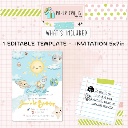 Our Little Star 1st Birthday Invitation Boy or Girl | Editable Space Theme Party Invite | First Trip Around the Sun Digital Download