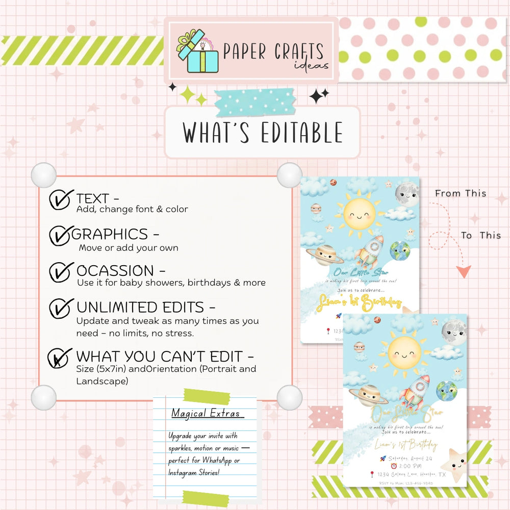 Our Little Star 1st Birthday Invitation Boy or Girl | Editable Space Theme Party Invite | First Trip Around the Sun Digital Download