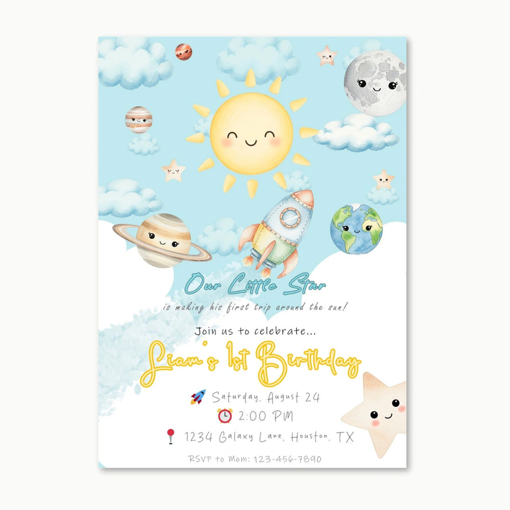Our Little Star 1st Birthday Invitation Boy or Girl | Editable Space Theme Party Invite | First Trip Around the Sun Digital Download