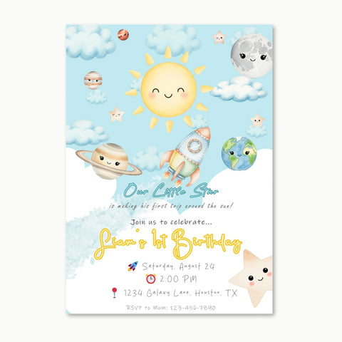Our Little Star 1st Birthday Invitation Boy or Girl | Editable Space Theme Party Invite | First Trip Around the Sun Digital Download