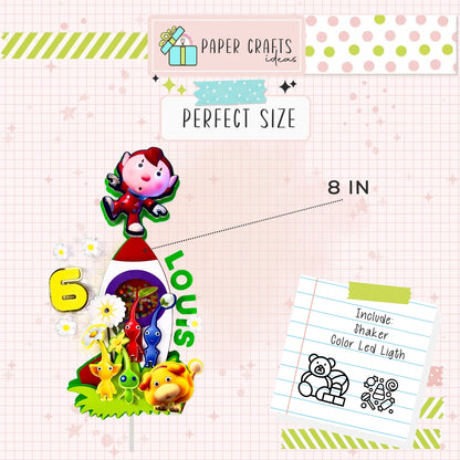 Pikmin Rocket Cake Topper with Characters — Kids Birthday Party Decoration
