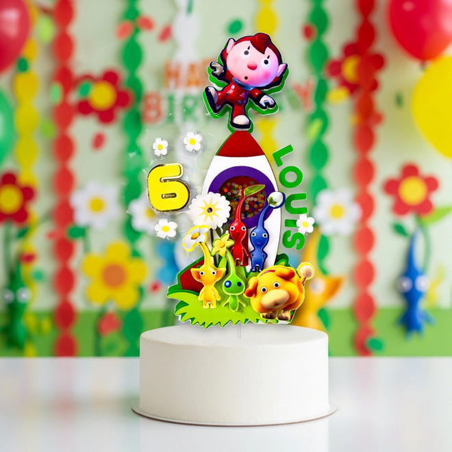 Illuminated Pikmin cake topper for video game party cake
