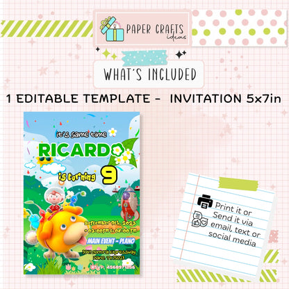 Pikmin Birthday Invitation Editable Template, Kids Party Invite Printable, Boy Birthday Invitation Digital Download