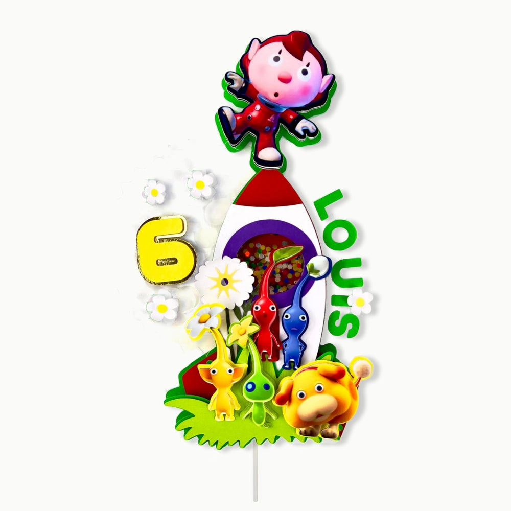 Pikmin Rocket Cake Topper with Characters — Kids Birthday Party Decoration
