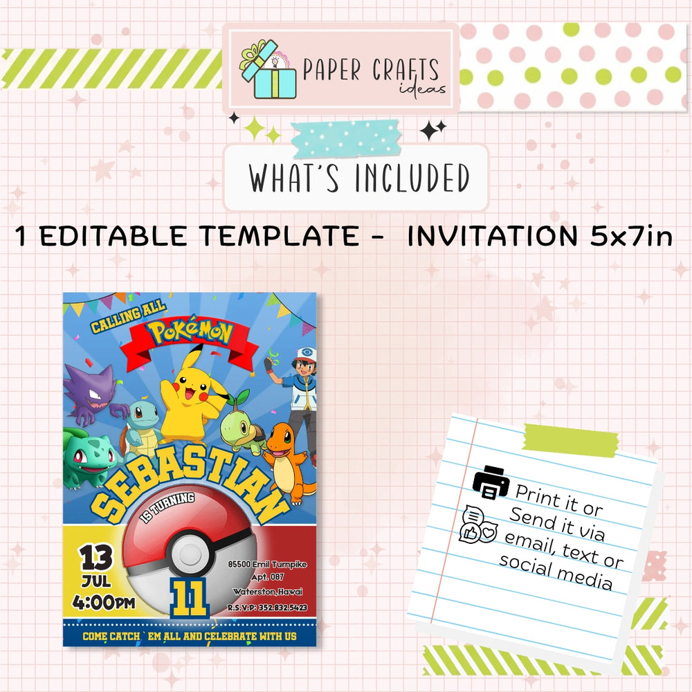 pokemon party invitation printable digital download