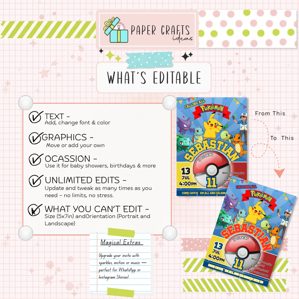 kids birthday invitation pokemon theme editable template