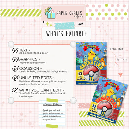 kids birthday invitation pokemon theme editable template