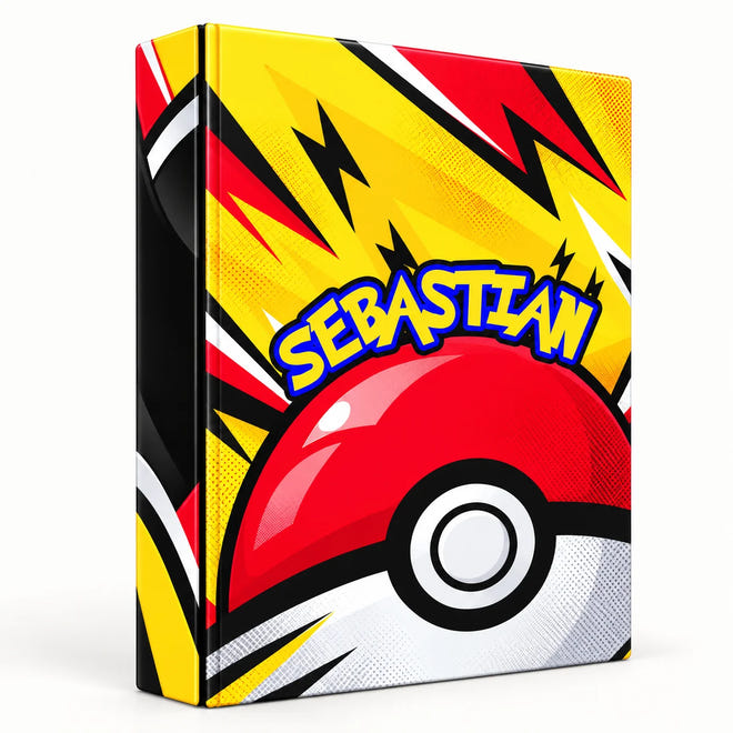 Back cover of personalized Pokemon binder with "Gotta Catch 'Em All" comic design and Paper Crafts Ideas branding