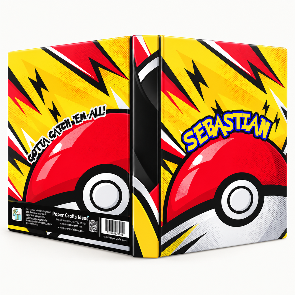 Flat front cover design of personalized Pokemon TCG binder with name Sebastian, lightning bolts and Pokeball