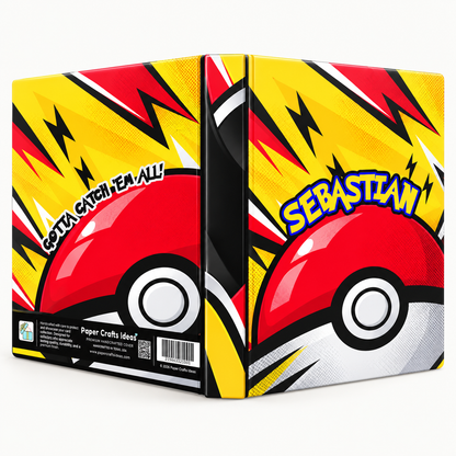 Flat front cover design of personalized Pokemon TCG binder with name Sebastian, lightning bolts and Pokeball