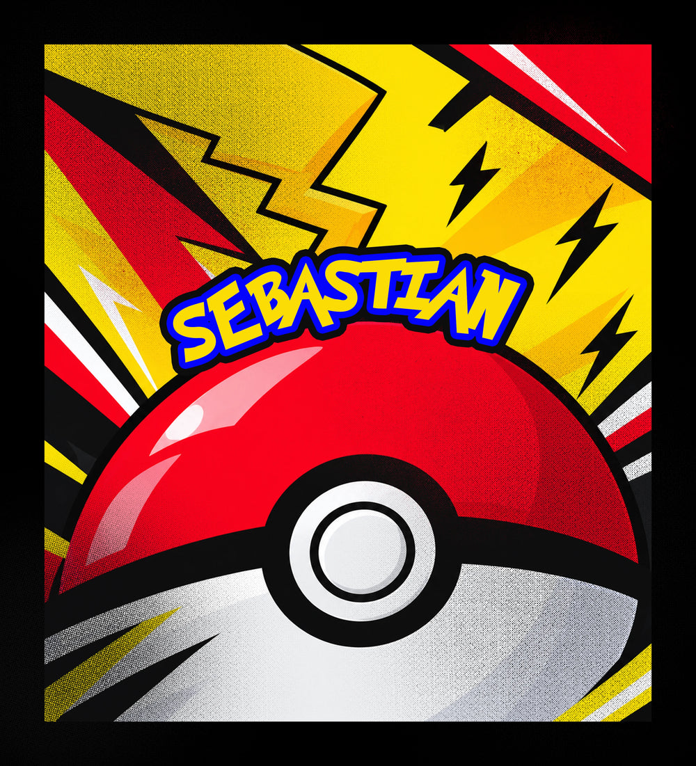 Front cover of personalized Pokemon binder with custom name Sebastian in yellow and blue letters and Pokeball artwork