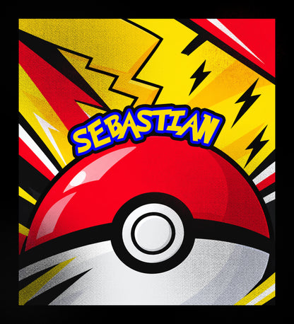 Front cover of personalized Pokemon binder with custom name Sebastian in yellow and blue letters and Pokeball artwork
