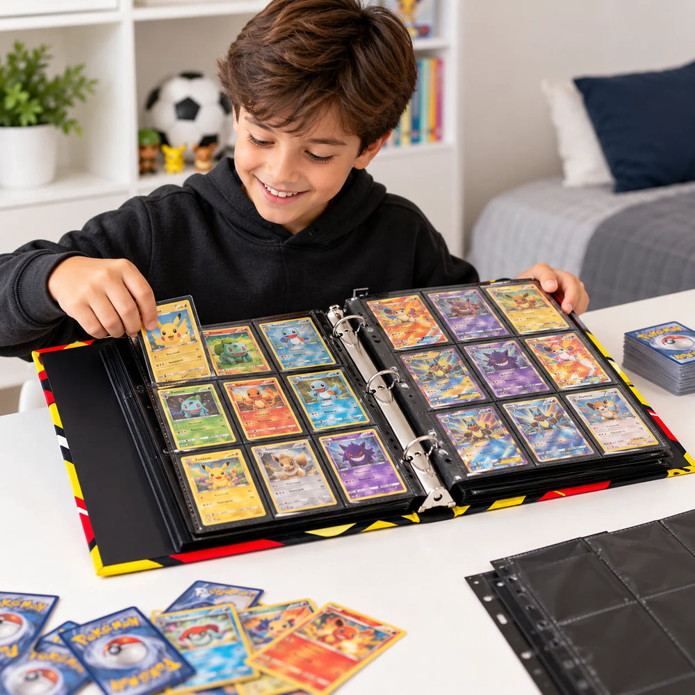 Child organizing Pokemon cards in open personalized binder with 3x3 pocket pages and metal D-ring mechanism