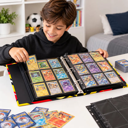 Child organizing Pokemon cards in open personalized binder with 3x3 pocket pages and metal D-ring mechanism