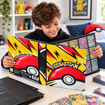 Open personalized Pokemon card binder displaying full Pokemon TCG card collection in 9-pocket pages