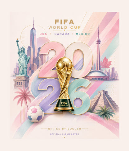 Official FIFA World Cup 2026 album cover art featuring a large gold trophy centered over pastel pink, blue, and purple numbers, with city landmarks from the USA, Canada, and Mexico, a soccer ball, and the text 'United by Soccer' on a light cream background.