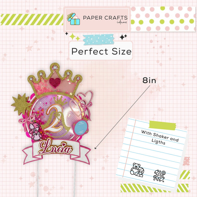 Decorative number 2 with princess crown and shaker elements on a checkered background with crafting supplies.