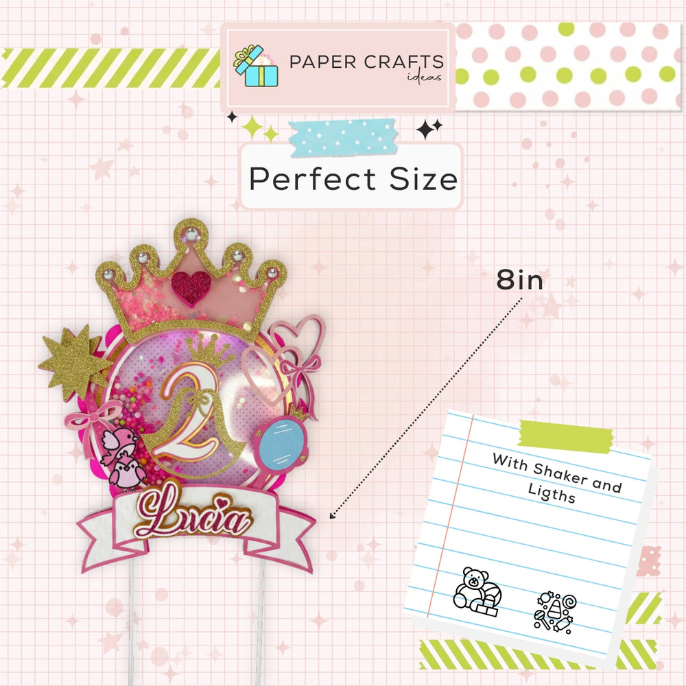 Decorative number 2 with princess crown and shaker elements on a checkered background with crafting supplies.