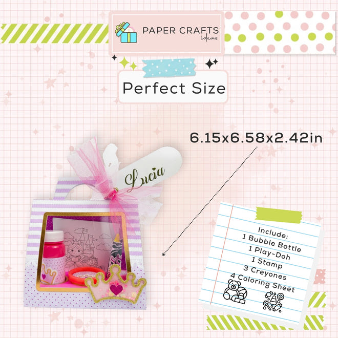 Product packaging with stationery items and dimensions on a checkered background