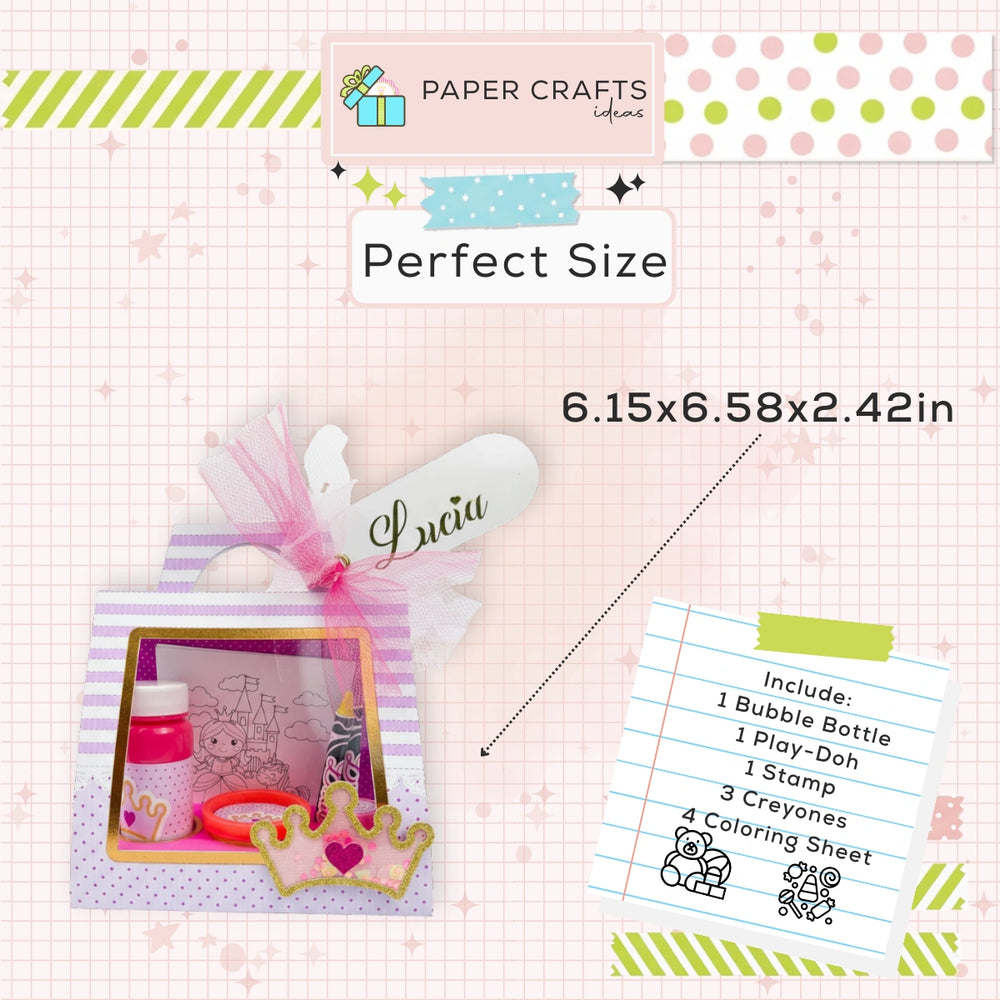 Product packaging with stationery items and dimensions on a checkered background