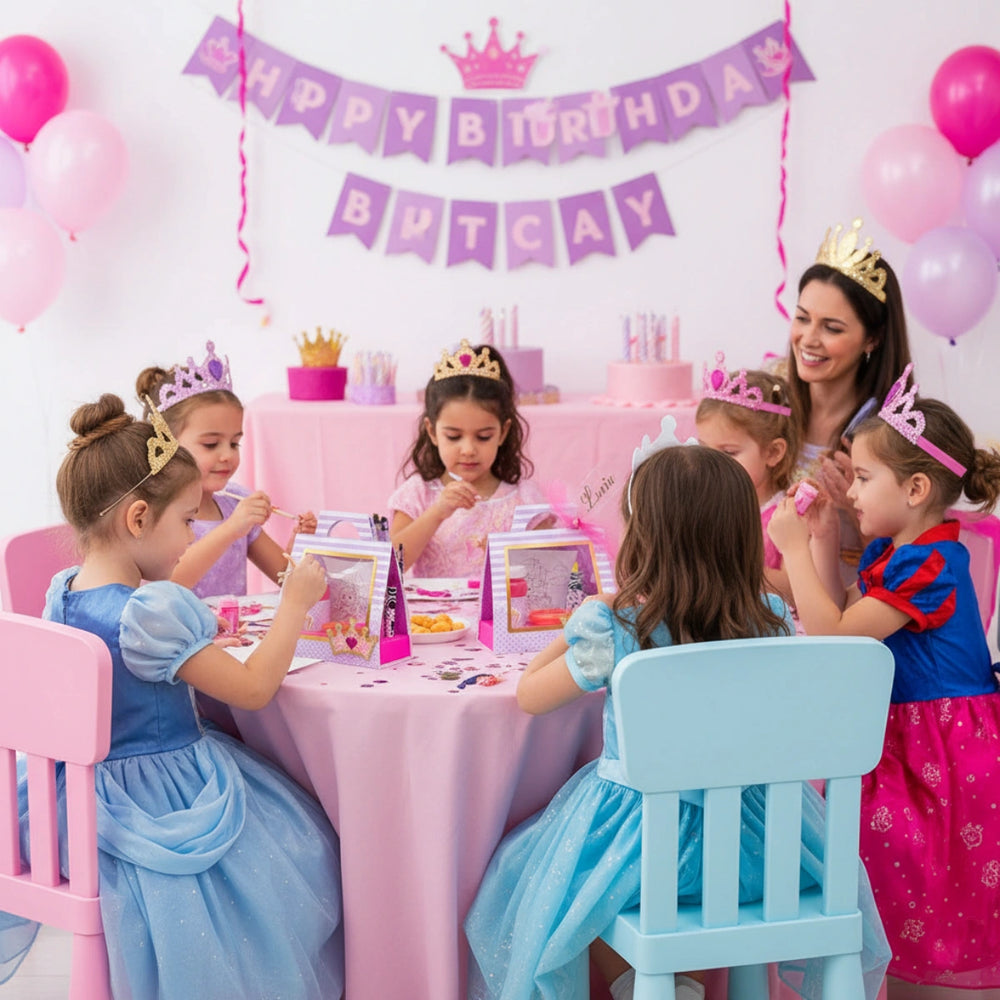 Children in princess costumes at a birthday party with balloons and decorations.