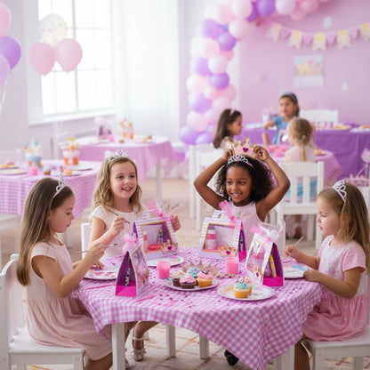 Children at a birthday party with pink decorations and table settings.