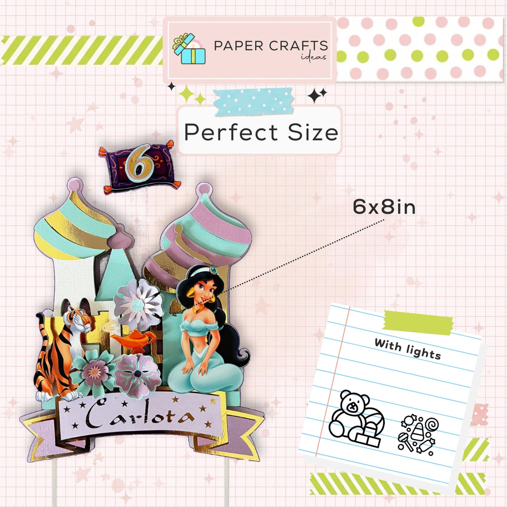 Princess Jasmine Cake Topper – 3D Castle, Tiger, Name & Age