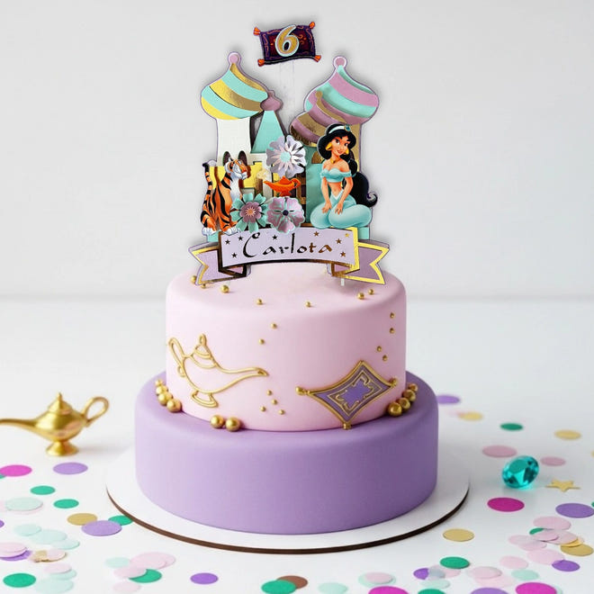 Jasmine cake topper with magic carpet movement and name detail