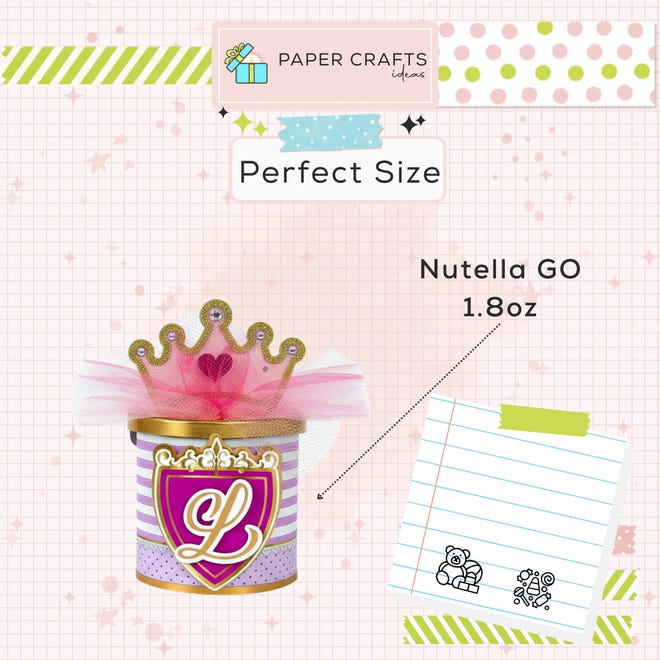 Decorative Nutella container with a crown design on a checkered background with stationery items.