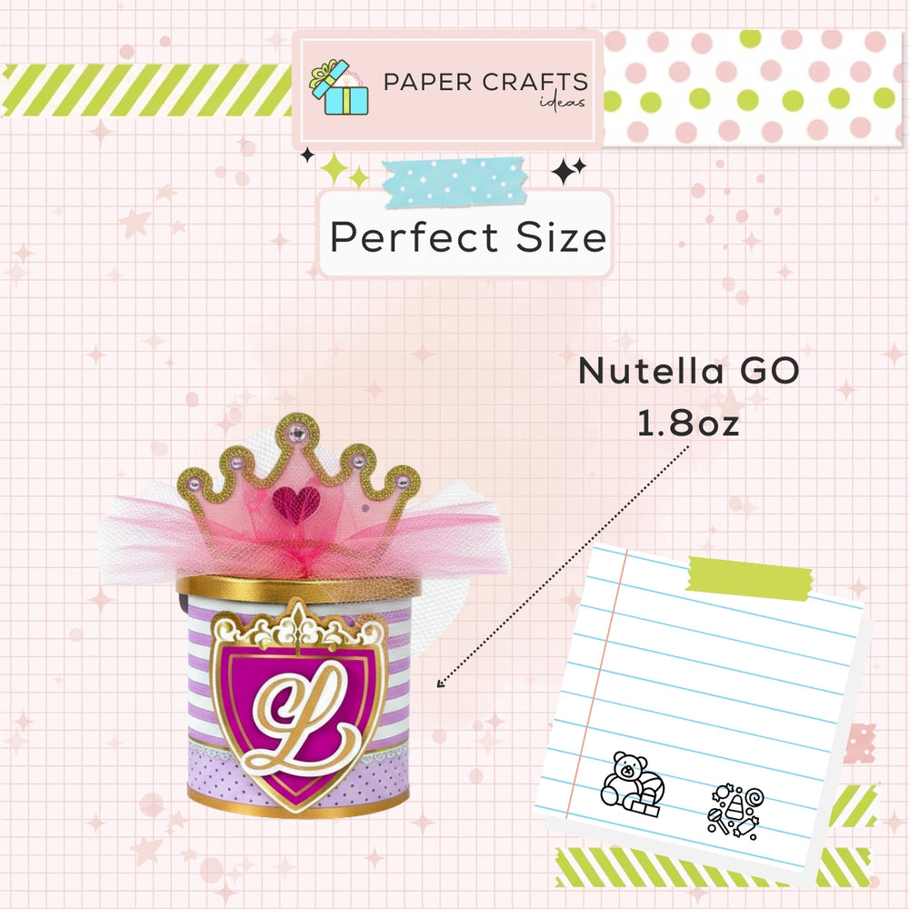 Decorative Nutella container with a crown design on a checkered background with stationery items.