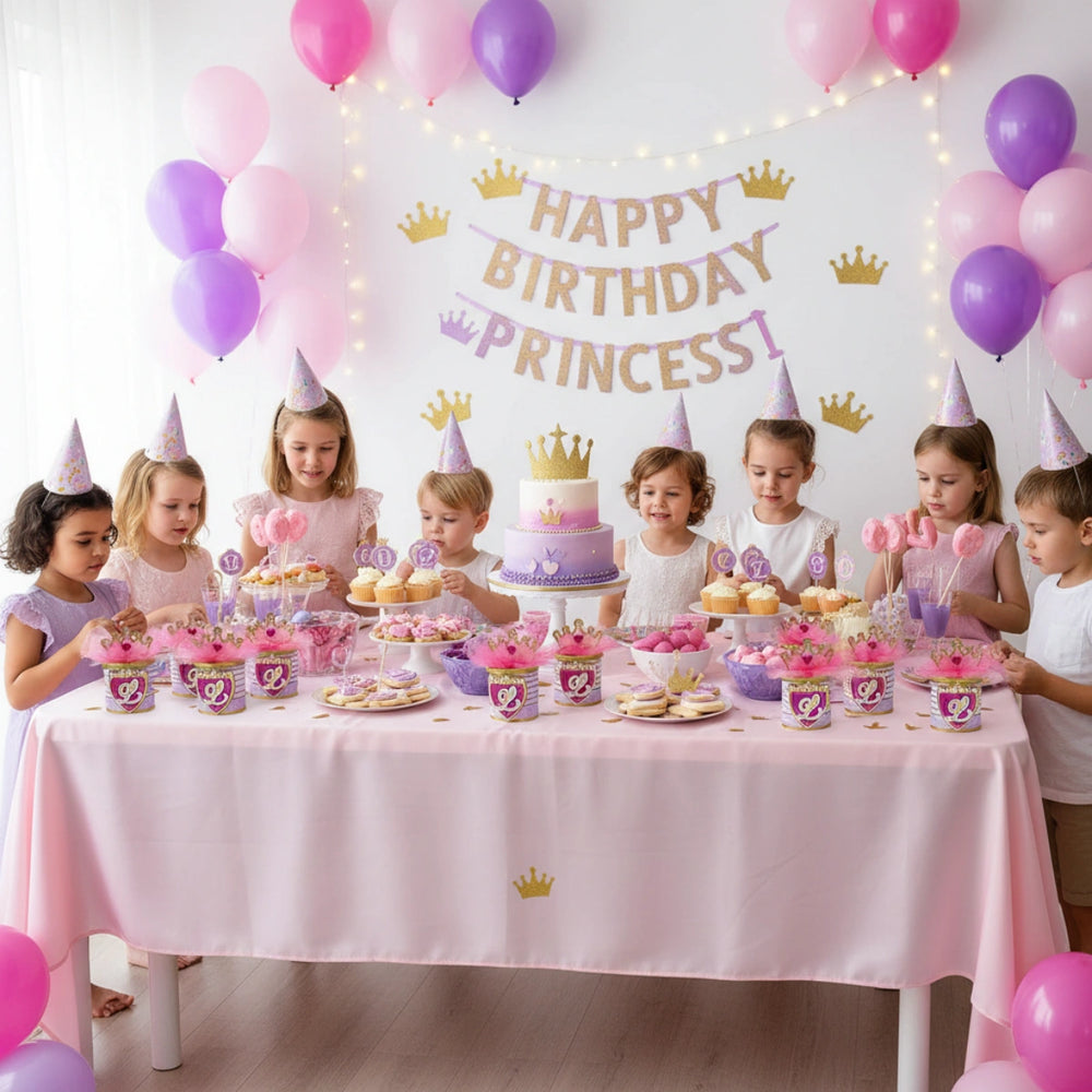 Children at a birthday party with a 'Happy Birthday Princess!' banner and balloons.