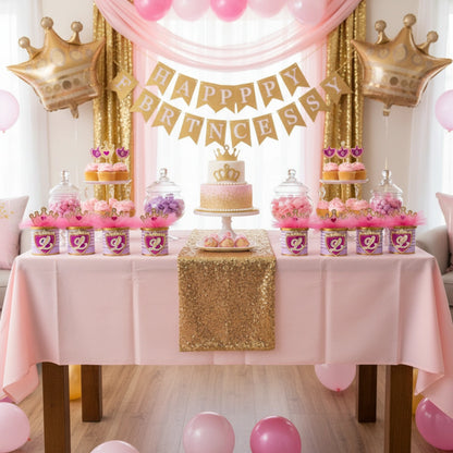 Birthday party setup with pink and gold decorations, including a cake and balloons.