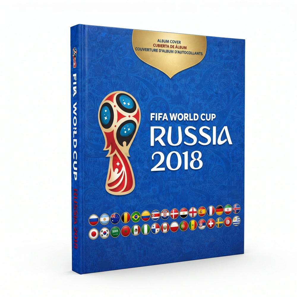FIFA World Cup Russia 2018 album cover shown as a 3D book mockup on a white background. The cover is predominantly blue with a gold crest badge at the top, the official tournament logo in the center, and the text 'FIFA WORLD CUP RUSSIA 2018' in white.