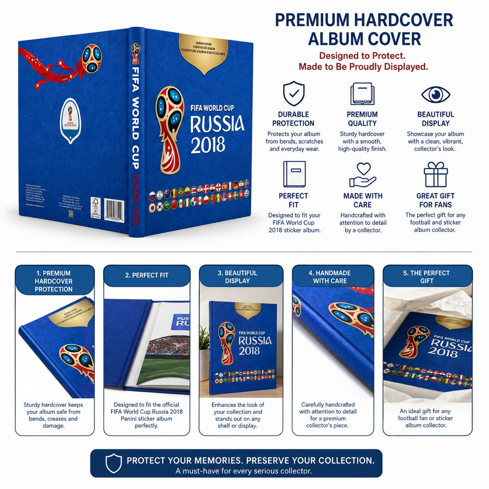 FIFA World Cup Russia 2018 premium hardcover album cover and box set, shown with multiple feature callout panels on a white background.