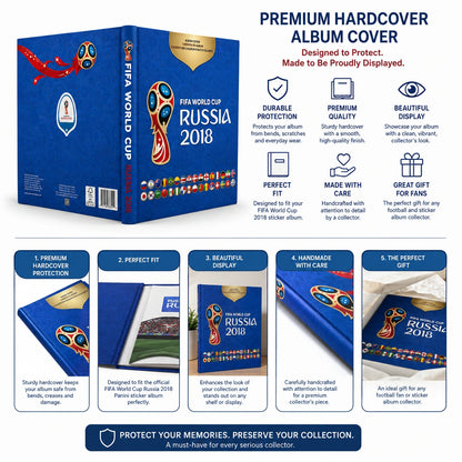 FIFA World Cup Russia 2018 premium hardcover album cover and box set, shown with multiple feature callout panels on a white background.