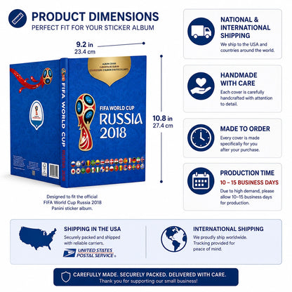Product dimensions infographic for a FIFA World Cup Russia 2018 sticker album, showing the book cover and spine with measurement arrows and text detailing shipping, handmade quality, and production time.