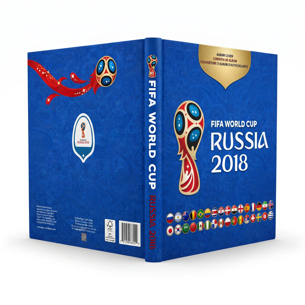 A 3D box mockup of the FIFA World Cup Russia 2018 official guide, featuring a deep blue cover with the event's logo, national flags, and a gold badge on a white background.