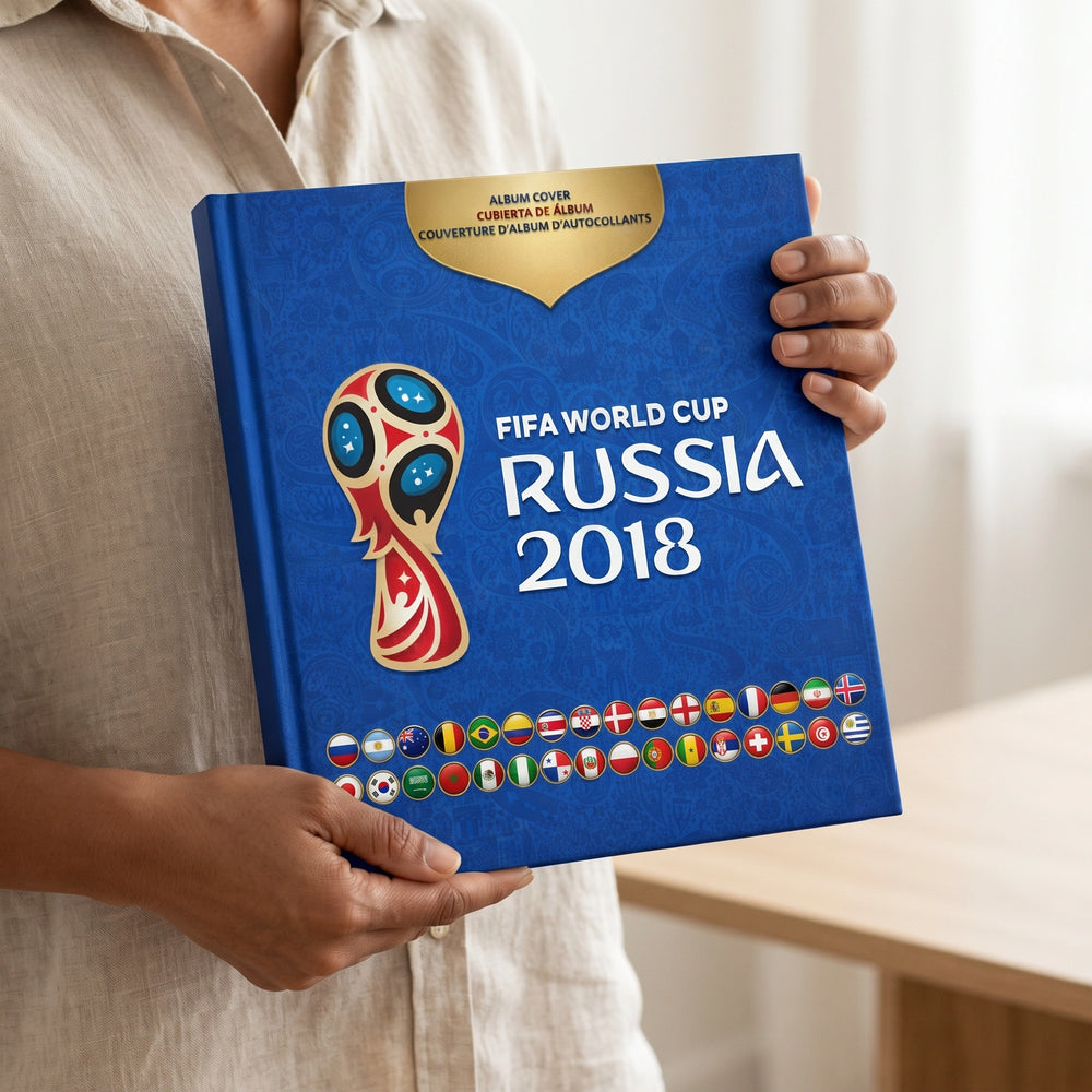 A person holding a blue FIFA World Cup Russia 2018 album cover in front of their torso. The cover features the tournament trophy graphic, white title text, and a row of small national flags along the bottom.