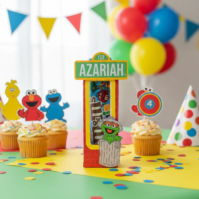 Birthday party setup with Sesame Street-themed cupcakes and decorations, including a personalized name banner.