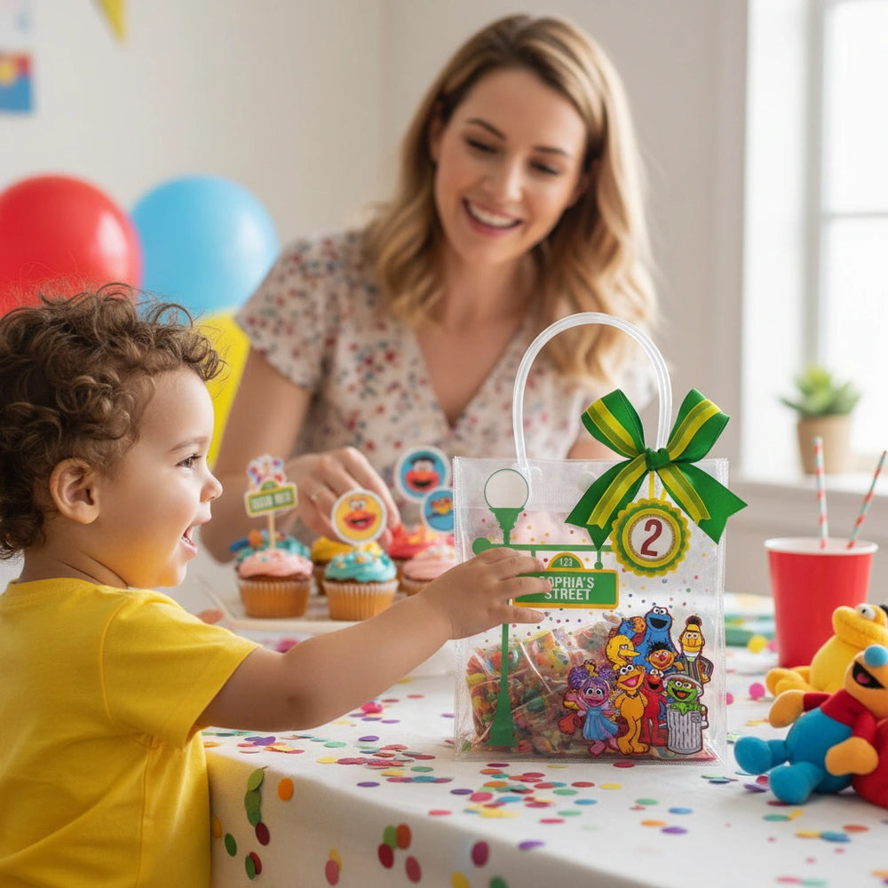 Child holding a Sesame Street-themed bag with a woman in the background at a birthday party.